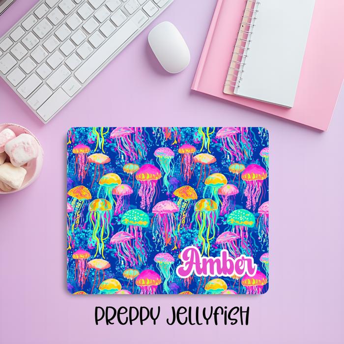 Personalized Preppy Neon Jellyfish Mousepad – Custom Name Vibrant Ocean Aesthetic Desk Mat