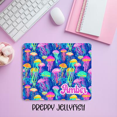 Personalized Preppy Neon Jellyfish Mousepad – Custom Name Vibrant Ocean Aesthetic Desk Mat