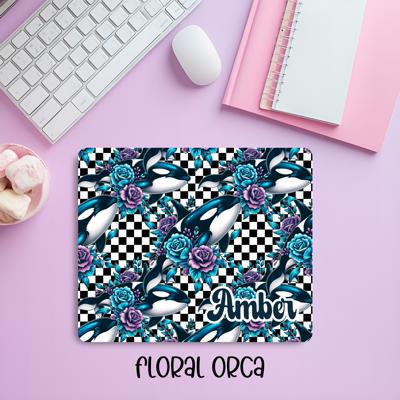 Personalized Custom Retro Checkered Orca & Floral Mousepad – Personalized Name Vintage Ocean Desk Mat