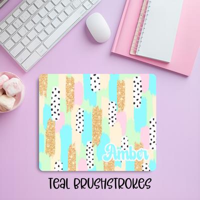 Custom Preppy Teal Brushstroke Mousepad – Personalized Name Trendy Abstract Desk Mat