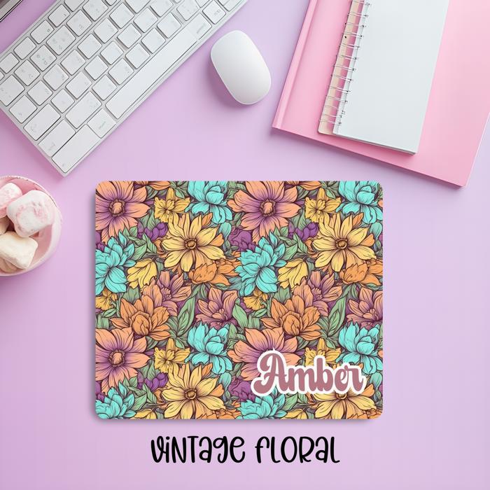 Custom Vintage Floral Mousepad – Personalized Name Elegant Botanical Desk Mat