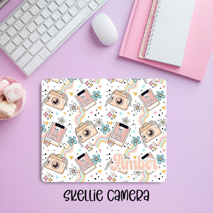 Custom Vintage Polaroid Camera Skeleton Mousepad – Personalized Name Retro Photographer Desk Mat