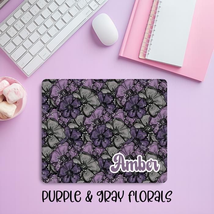 Custom Hand-Drawn Purple & Gray Floral Mousepad – Personalized Name Elegant Botanical Desk Mat