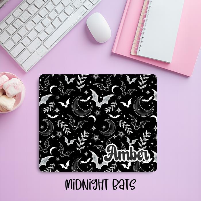 Personalized Gothic Bats & Moons Mousepad – Custom Name Dark Aesthetic Desk Mat