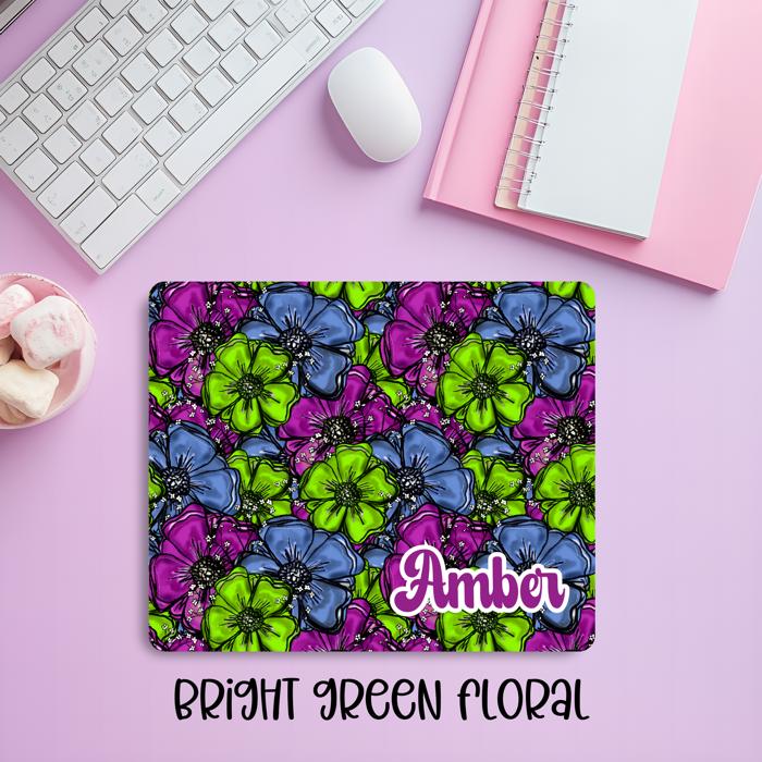 Personalized Hand-Drawn Floral Mousepad – Custom Name Botanical Desk Mat in Green, Purple & Blue