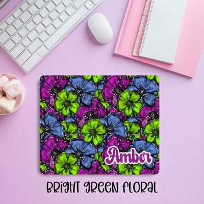 Personalized Hand-Drawn Floral Mousepad – Custom Name Botanical Desk Mat in Green, Purple & Blue