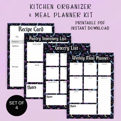 Goth Floral Kitchen Organizer Set | Meal Planner, Grocery List, Recipe Card, Pantry Inventory | Gothic Bats & Moon Printable Kit