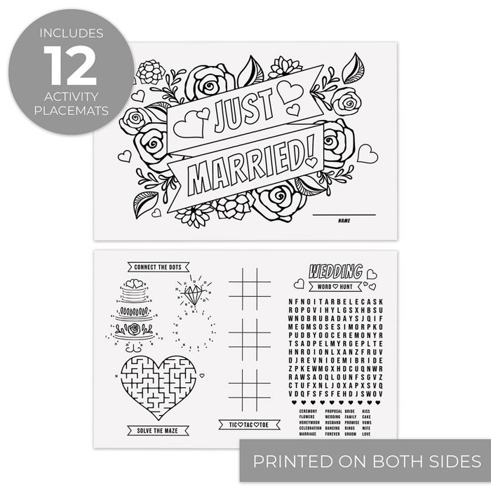 Wedding Themed Coloring Activity Placemats / 12 Wedding Coloring Sheets / 11" x 17" Kids Drawing Paper / Disposable Placemats