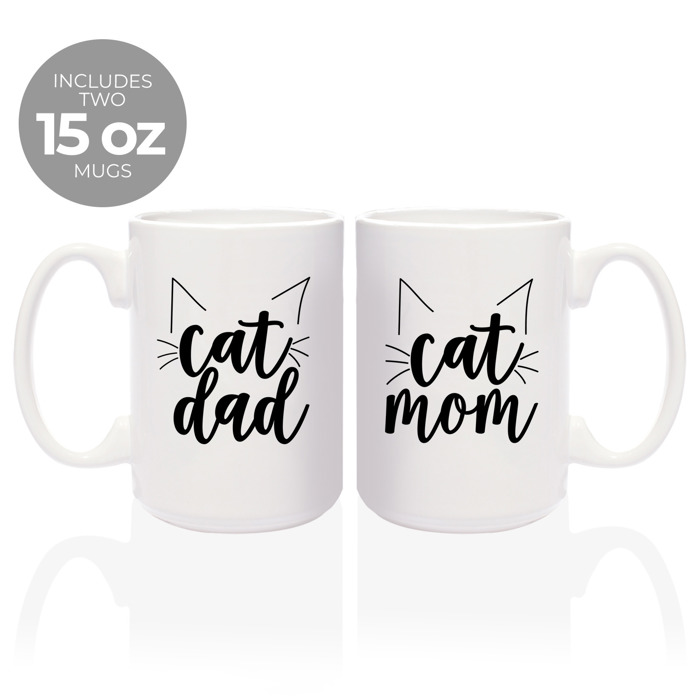 Cat Dad Cat Mom Matching Mugs / Two Jumbo 15 Oz White Ceramic Mugs / Funny Coffee Cup Gift Set For Feline Lovers