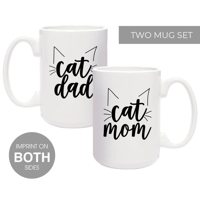 Cat Dad Cat Mom Matching Mugs / Two Jumbo 15 Oz White Ceramic Mugs / Funny Coffee Cup Gift Set For Feline Lovers