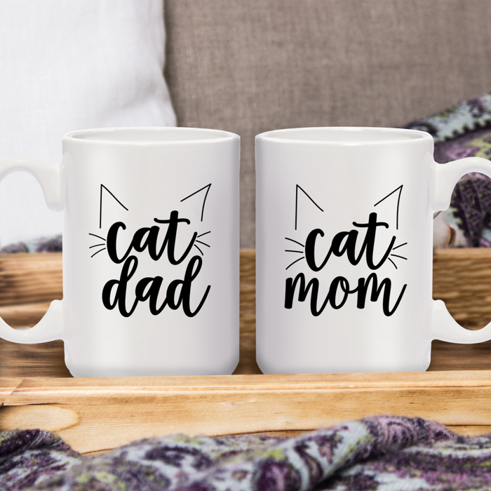 Cat Dad Cat Mom Matching Mugs / Two Jumbo 15 Oz White Ceramic Mugs / Funny Coffee Cup Gift Set For Feline Lovers