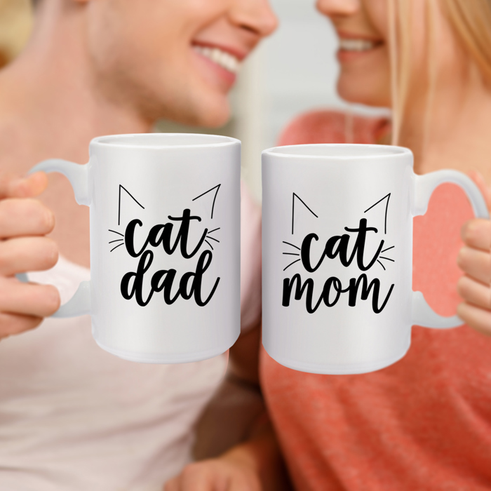 Cat Dad Cat Mom Matching Mugs / Two Jumbo 15 Oz White Ceramic Mugs / Funny Coffee Cup Gift Set For Feline Lovers