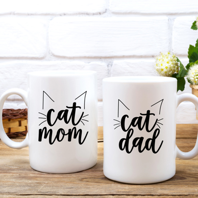 Cat Dad Cat Mom Matching Mugs / Two Jumbo 15 Oz White Ceramic Mugs / Funny Coffee Cup Gift Set For Feline Lovers