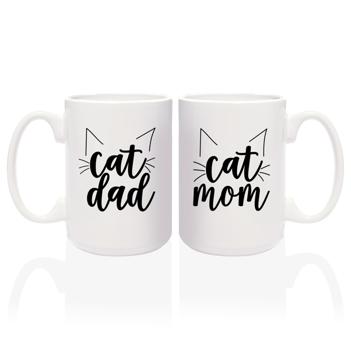 Cat Dad Cat Mom Matching Mugs / Two Jumbo 15 Oz White Ceramic Mugs / Funny Coffee Cup Gift Set For Feline Lovers