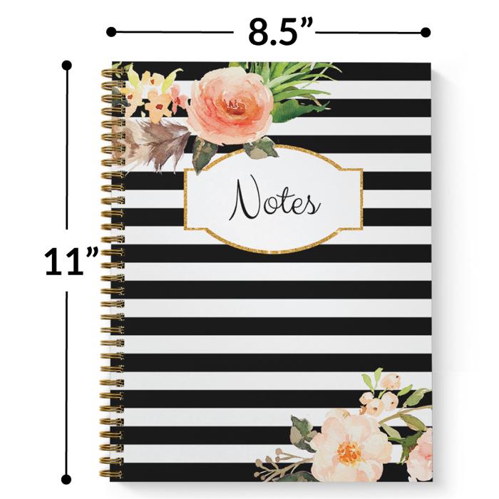 Softcover Classic Floral Notes 8.5" x 11" Spiral Notebook/Journal, 120 College Ruled Pages, Durable Gloss Laminated Cover, Gold Wire-o Spiral. Made in the USA