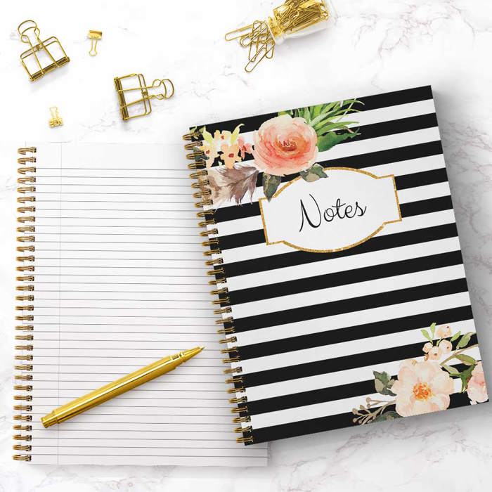 Softcover Classic Floral Notes 8.5" x 11" Spiral Notebook/Journal, 120 College Ruled Pages, Durable Gloss Laminated Cover, Gold Wire-o Spiral. Made in the USA