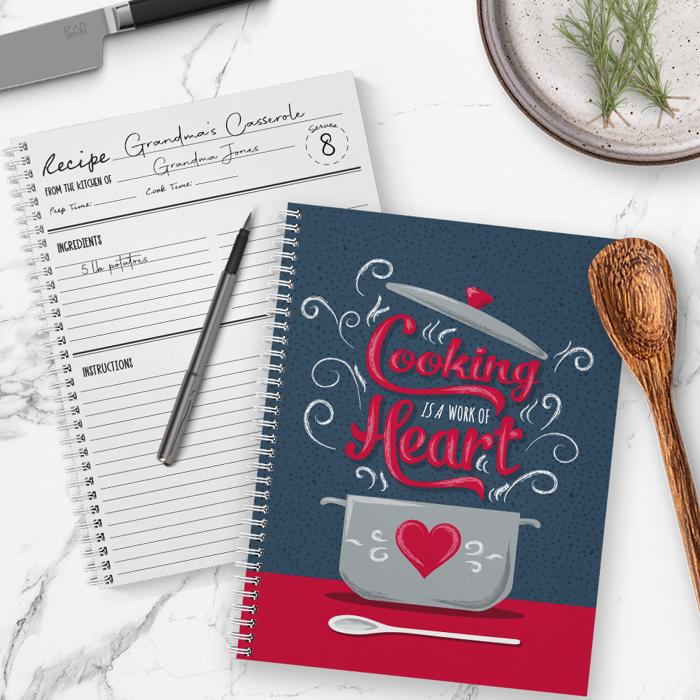 Softcover Cooking With Heart 8.5" x 11" Recipe Spiral Notebook/Journal, 120 Recipe Pages, Durable Gloss Laminated Cover, white Wire-o Spiral. Made in the USA