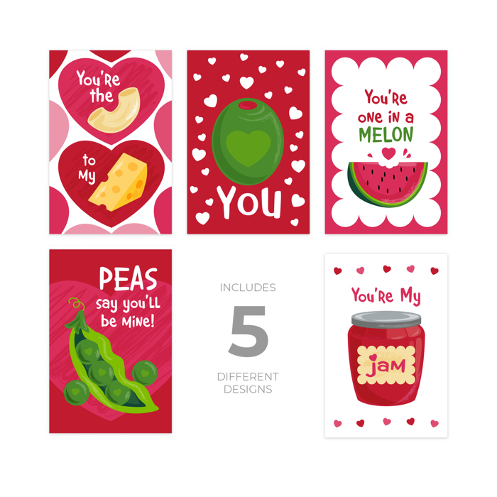 Valentine Food Pun Postcards / 25 Post Card Pack 4" x 6" / Adorable Illustrated Flat Cards For Your Loves