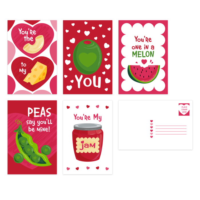 Valentine Food Pun Postcards / 25 Post Card Pack 4" x 6" / Adorable Illustrated Flat Cards For Your Loves