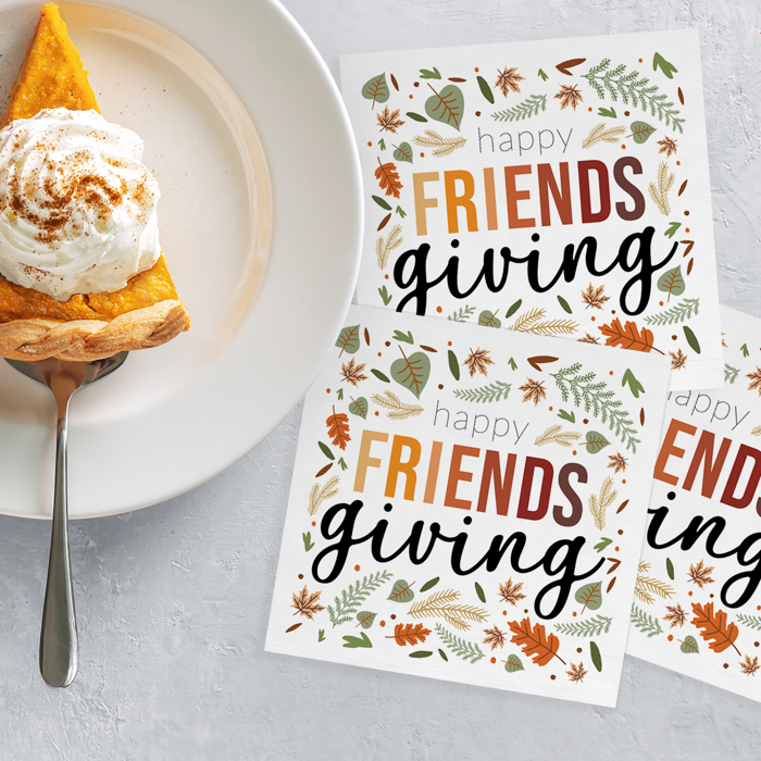 Happy Friendsgiving Napkins / 48 Thanksgiving Napkins / Stylish Autumn Leaves Cocktail Napkin Design / 4 3/4" x 4 3/4" Fall Harvest Seasonal Beverage Napkin Set / Made In The USA