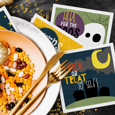 Spooky Night Halloween Party Napkins / 48 Cocktail Napkins / 4 Festive Fall Spooky Designs / Funny Autumn 4 3/4" x 4 3/4" Beverage Napkin Set / Made In The USA