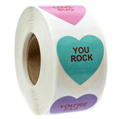 Valentine Candy Hearts Stickers / 500 Valentine's Day Labels / 1 1/8" Heart Envelope Seals / 8 Sweet Designs/Made in The USA