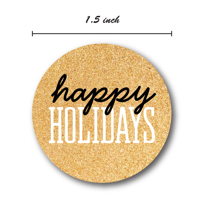 Black & Matte Gold Happy Holidays Christmas Stickers / 500 Christmas Envelope Seals / 1.5" Faux Glitter Holiday Labels