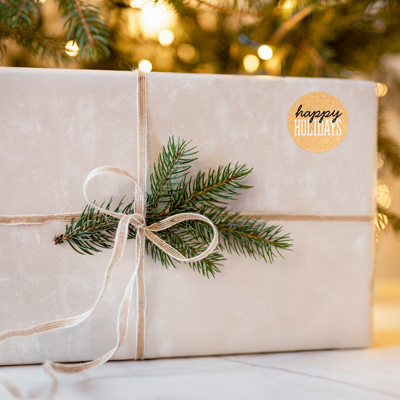 Black & Matte Gold Happy Holidays Christmas Stickers / 500 Christmas Envelope Seals / 1.5" Faux Glitter Holiday Labels