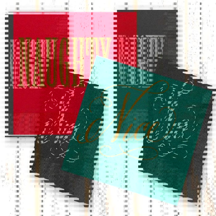 Naughty And Nice Cocktail Napkins / 40 Funny 3 Ply Paper Christmas Napkins / 2 Santa Designs / 4 3/4" x 4 3/4" Red And Green With Gold Foil Winter Holiday Beverage Napkin Set / Made In The USA