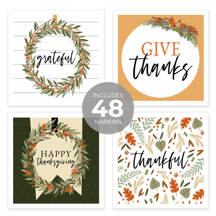Modern Farmhouse Thanksgiving Napkins / 48 Cocktail Napkins / 4 Rustic Autumn Designs / 4 3/4" x 4 3/4" Fall Harvest Season Beverage 3 Ply Napkin Set / Made In The USA