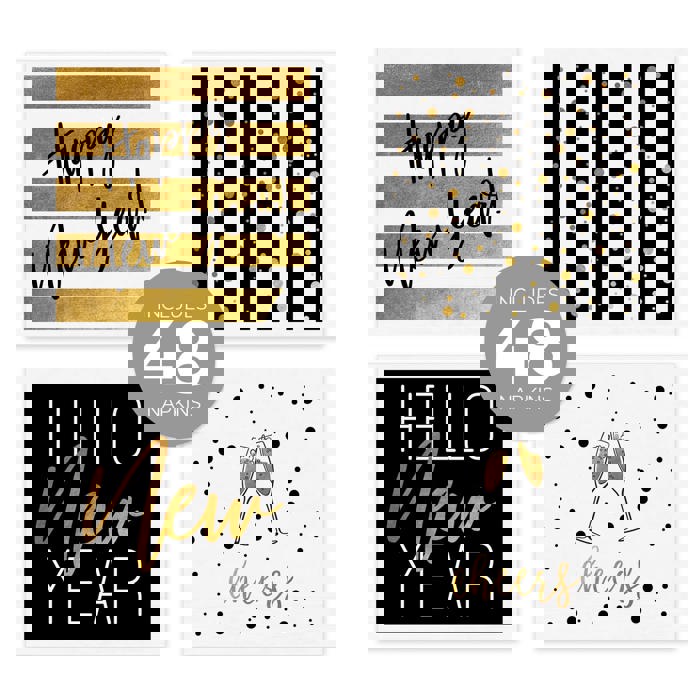 New Year Party Beverage Napkins / 48 Holiday Cocktail Napkins / 4 Black And Faux Gold Party Designs / 4 3/4" x 4 3/4" New Years Eve 3 Ply Napkin Set / Made In The USA