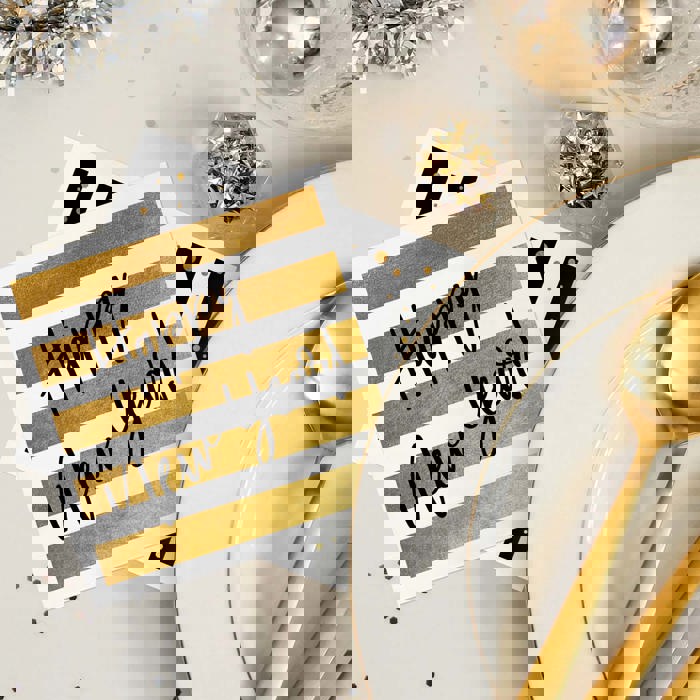 New Year Party Beverage Napkins / 48 Holiday Cocktail Napkins / 4 Black And Faux Gold Party Designs / 4 3/4" x 4 3/4" New Years Eve 3 Ply Napkin Set / Made In The USA