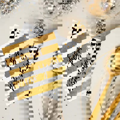 New Year Party Beverage Napkins / 48 Holiday Cocktail Napkins / 4 Black And Faux Gold Party Designs / 4 3/4" x 4 3/4" New Years Eve 3 Ply Napkin Set / Made In The USA