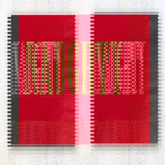 Naughty And Nice Cocktail Napkins / 40 Funny 3 Ply Paper Christmas Napkins / 2 Santa Designs / 4 3/4" x 4 3/4" Red And Green With Gold Foil Winter Holiday Beverage Napkin Set / Made In The USA