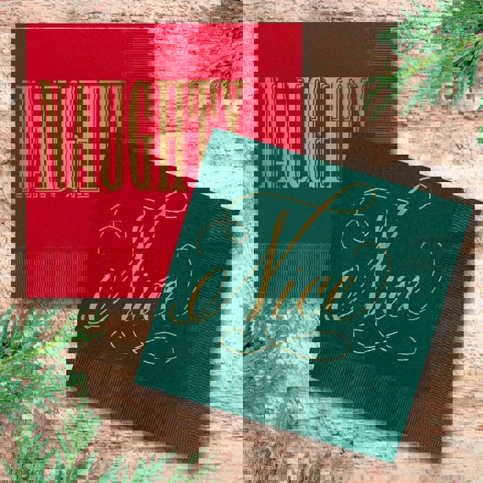 Naughty And Nice Cocktail Napkins / 40 Funny 3 Ply Paper Christmas Napkins / 2 Santa Designs / 4 3/4" x 4 3/4" Red And Green With Gold Foil Winter Holiday Beverage Napkin Set / Made In The USA