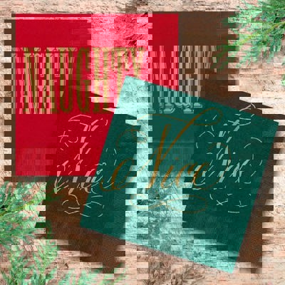 Naughty And Nice Cocktail Napkins / 40 Funny 3 Ply Paper Christmas Napkins / 2 Santa Designs / 4 3/4" x 4 3/4" Red And Green With Gold Foil Winter Holiday Beverage Napkin Set / Made In The USA