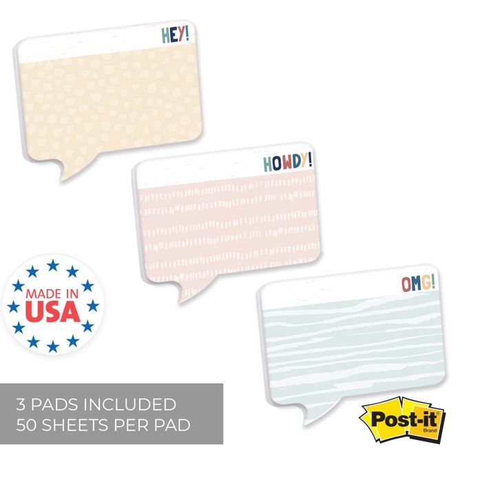 Speech Bubble Shaped Sticky Note Pad Assortment / 6.5" x 5" Modern Sticky Notes / Set Of Three Multi-Color Sticky Note Pad Designs / Made In USA