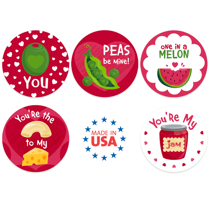 Valentine Food Pun Stickers / Roll of 500 1.5" Circle Labels / Adorable Illustrated Decals 