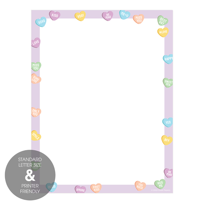 Valentine Candy Hearts Letterhead / 50 Sheets / 8.5" x 11" Valentines Day Paper / Conversation Hearts Decorative Stationery