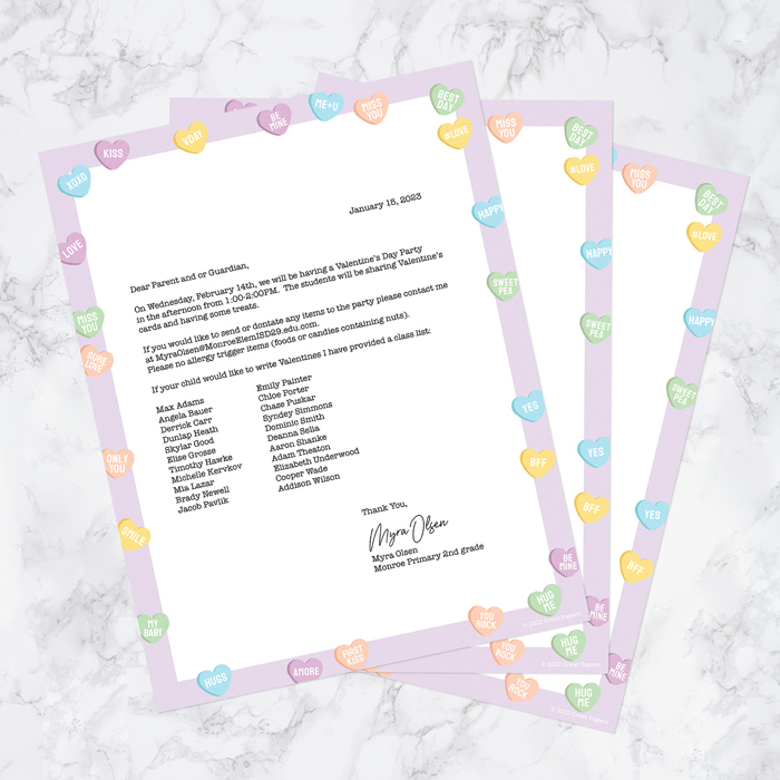 Valentine Candy Hearts Letterhead / 50 Sheets / 8.5" x 11" Valentines Day Paper / Conversation Hearts Decorative Stationery