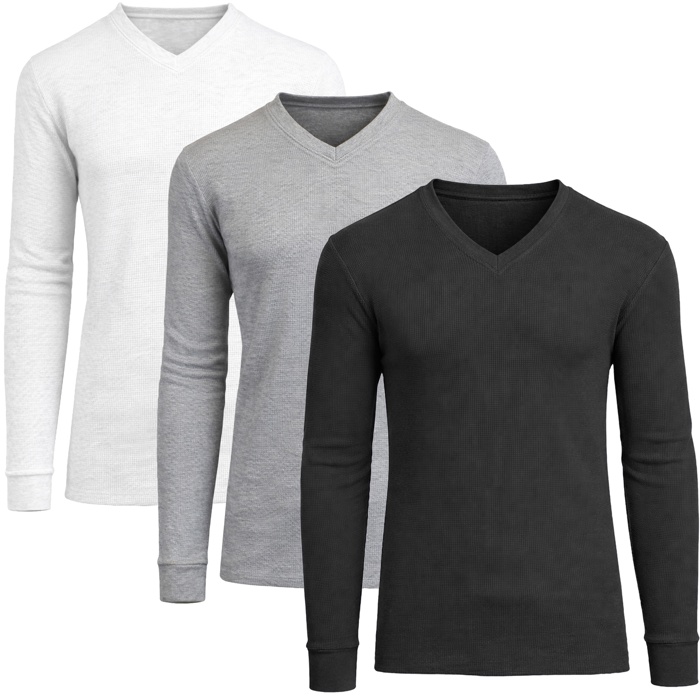 3-Pack Men’s Long Sleeve Waffle Knit Thermal Shirt – V-Neck, Modern Fit, Warm Layering Top