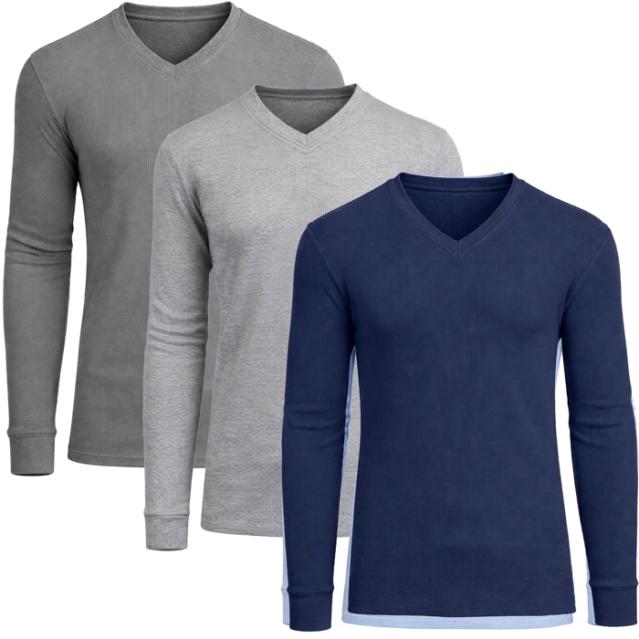 3-Pack Men’s Long Sleeve Waffle Knit Thermal Shirt – V-Neck, Modern Fit, Warm Layering Top