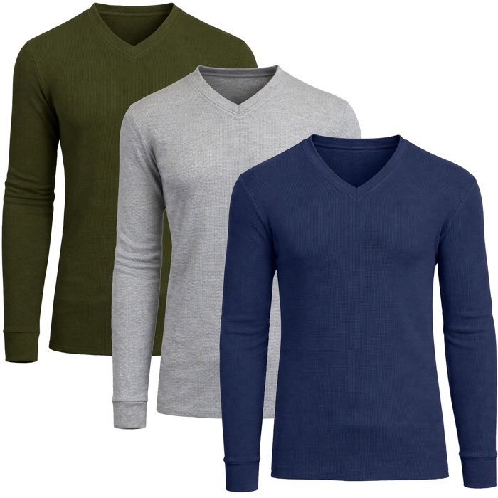 3-Pack Men’s Long Sleeve Waffle Knit Thermal Shirt – V-Neck, Modern Fit, Warm Layering Top