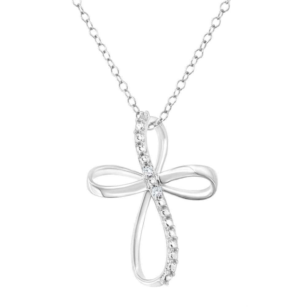 .925 Sterling Silver Diamond Accent Cross Ribbon 18" Pendant Necklace (I-J Color, I2-I3 Clarity)