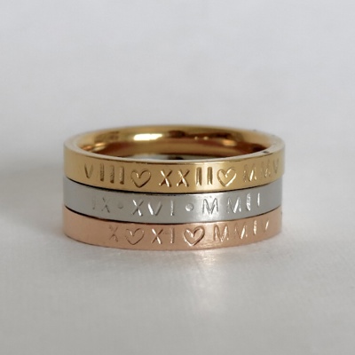 Roman Numeral Personalized Stamped Stainless Steel Stackable Ring