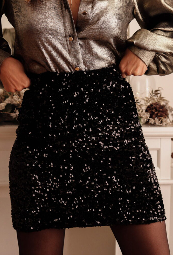 Black Holiday Sequin Mini Skirt