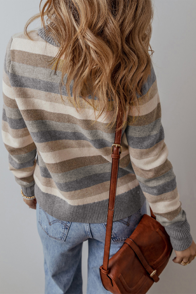 Jane Gray Stripe Color Block Round Neck Sweater for Women