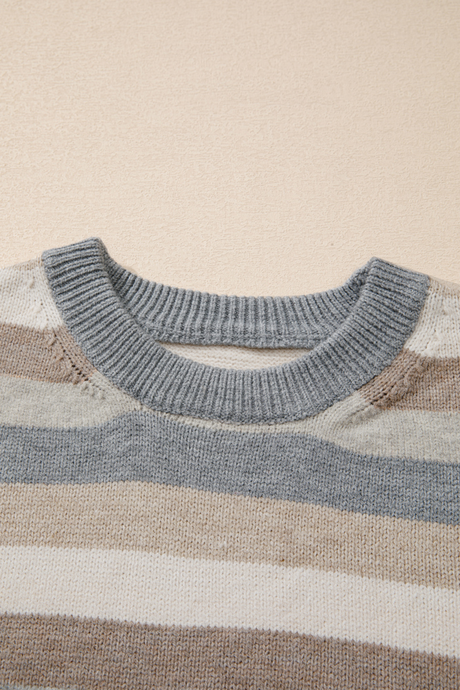 Jane Gray Stripe Color Block Round Neck Sweater for Women