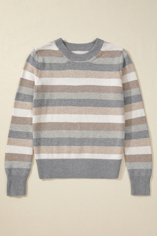 Jane Gray Stripe Color Block Round Neck Sweater for Women