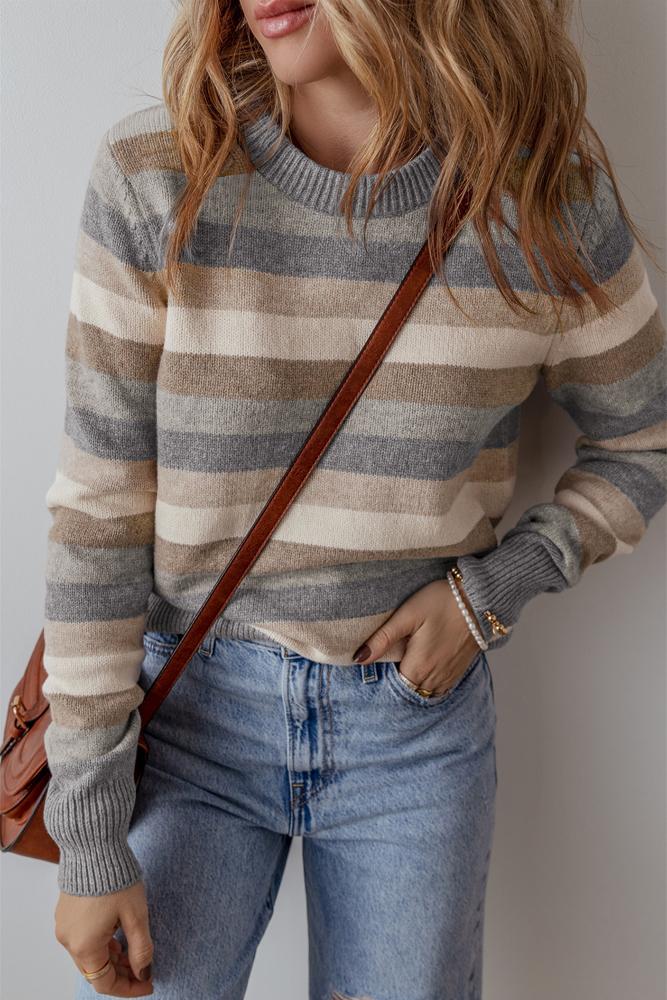 Jane Gray Stripe Color Block Round Neck Sweater for Women